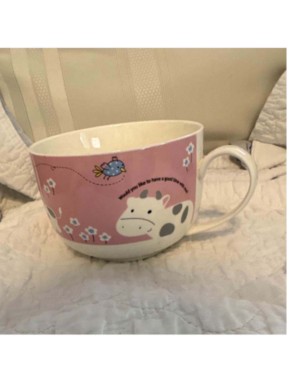 Cartoon Cow Pink Ceramic Bowl with Handle, Flowers Pattern, Cute Animal Theme